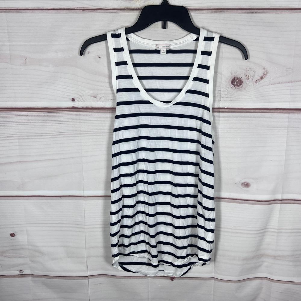 Gap Tank Top Womens Small White Navy Blue Striped Scoop Neck Viscose Sleeveless